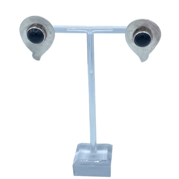 Taxco TA-41 Mexico Sterling Silver Pierced Earrings Onyx Modernist - Picture 2 of 12